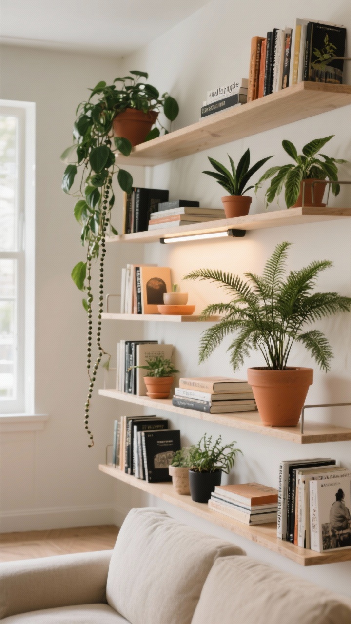 Photorealistic wide bookshelf “shelfie jungle” in a living room: staggered placement across multiple shelves—tall plant on the left, trailing string of pearls on the right, with a structured ZZ plant and a feathery asparagus fern creating varied leaf shapes. Cohesive pot palette repeating terracotta, black, and cream; intentional negative space between styled books and objects. A slim, discreet grow light bar mounted under one shelf for units away from windows. Clean, airy look, indirect daylight, straight-on view emphasizing balance and rhythm without clutter.