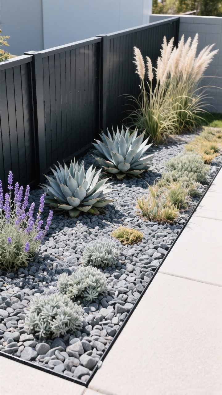 Photorealistic wide overhead shot of a gravel bed against a modern charcoal metal fence: a drought-smart mix with silvery lavender, sculptural agave, and upright feather reed grass nestled in 2–3 inches of gray decorative gravel over weed-blocking fabric. Slim black aluminum edging creates razor-clean lines. Add a few clusters of sedum and Russian sage in the sunnier section; keep palette cool and modern. Bright, dry midday sun accentuates plant forms and gravel color variation, no weeds, minimal mulch.