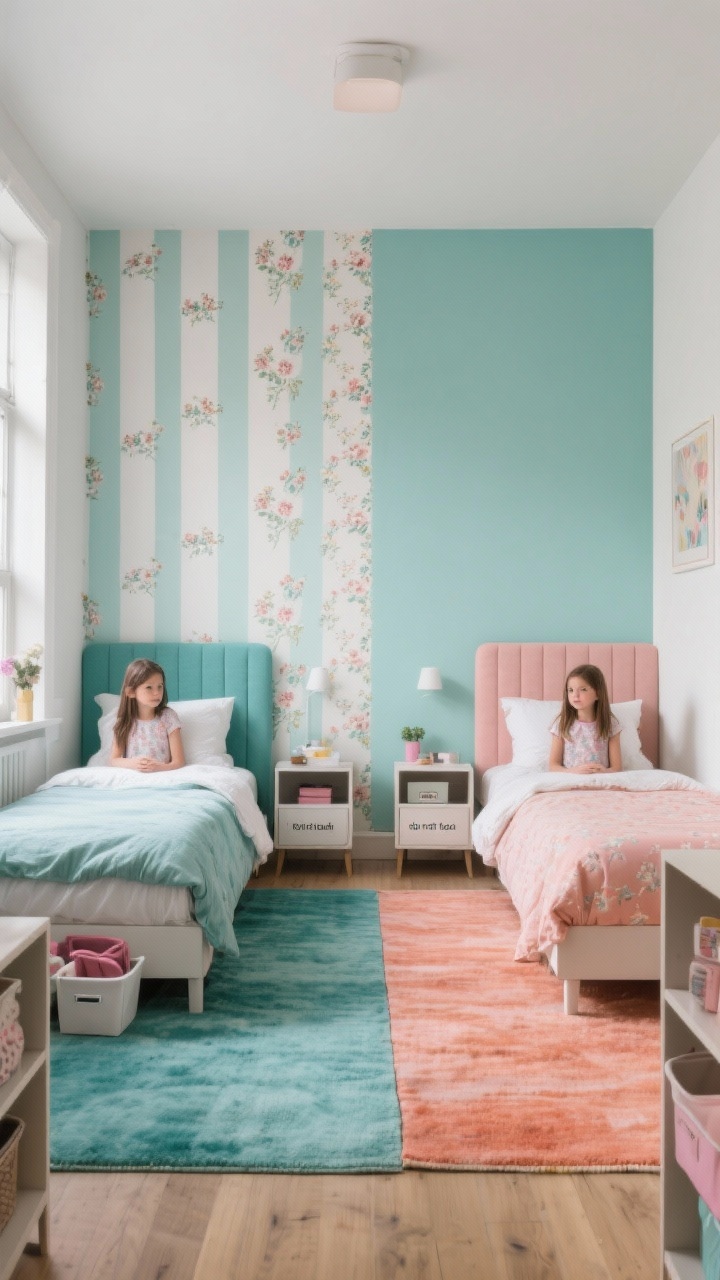 Photorealistic wide room shot styled like a studio apartment layout for two girls: two distinct zones separated visually with coordinated rugs (one teal, one coral), and paint/wallpaper halves using the same palette with different patterns (subtle stripes on one side, tiny florals on the other). Accent headboard walls behind each bed to anchor zones. Include a nightstand or wall cubby beside each bed for “do not touch” items, and clearly labeled shared storage bins. Soft, even daylight; straight-on perspective highlighting the balanced yet personal look.