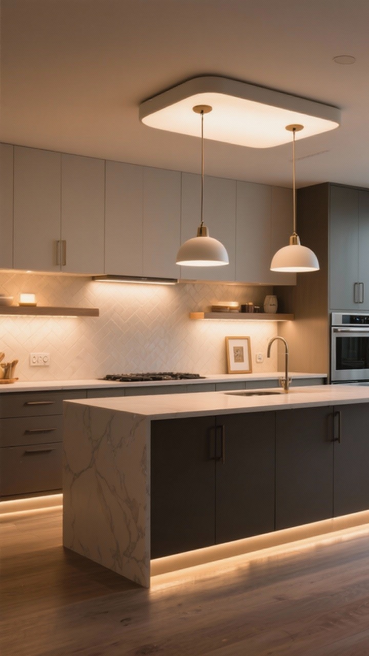 Photorealistic wide shot illustrating layered kitchen lighting you can live with: task lighting via warm 2700–3000K under-cabinet LEDs illuminating a backsplash, ambient illumination from a semi-flush ceiling fixture, and accent lighting with two pendants (10–12 inches) over a 6–7 foot island plus a small picture light over a styled open shelf; include dimmer controls and a gentle toe-kick LED strip casting a soft night-glow along the base cabinets. Angle: straight-on to show the full lighting trio working together.