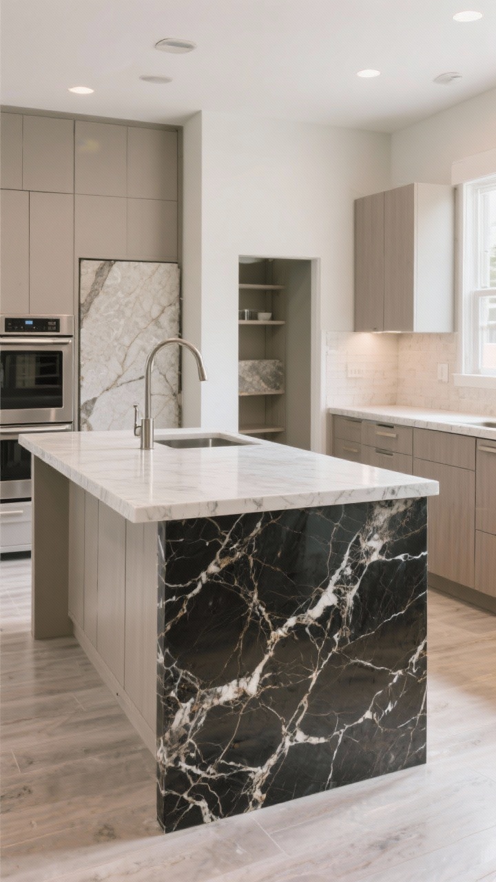 Photorealistic wide shot of a budget-savvy yet high-end-looking kitchen: a showstopper island in dramatic-vein quartz as the splurge, with simpler greige standard-thickness countertops on the perimeters using a mitered edge to fake a thicker look; prefabricated standard edges visible on side runs to reduce fabrication cost; small pantry nook with a remnant slab counter, and a rental-friendly laminate