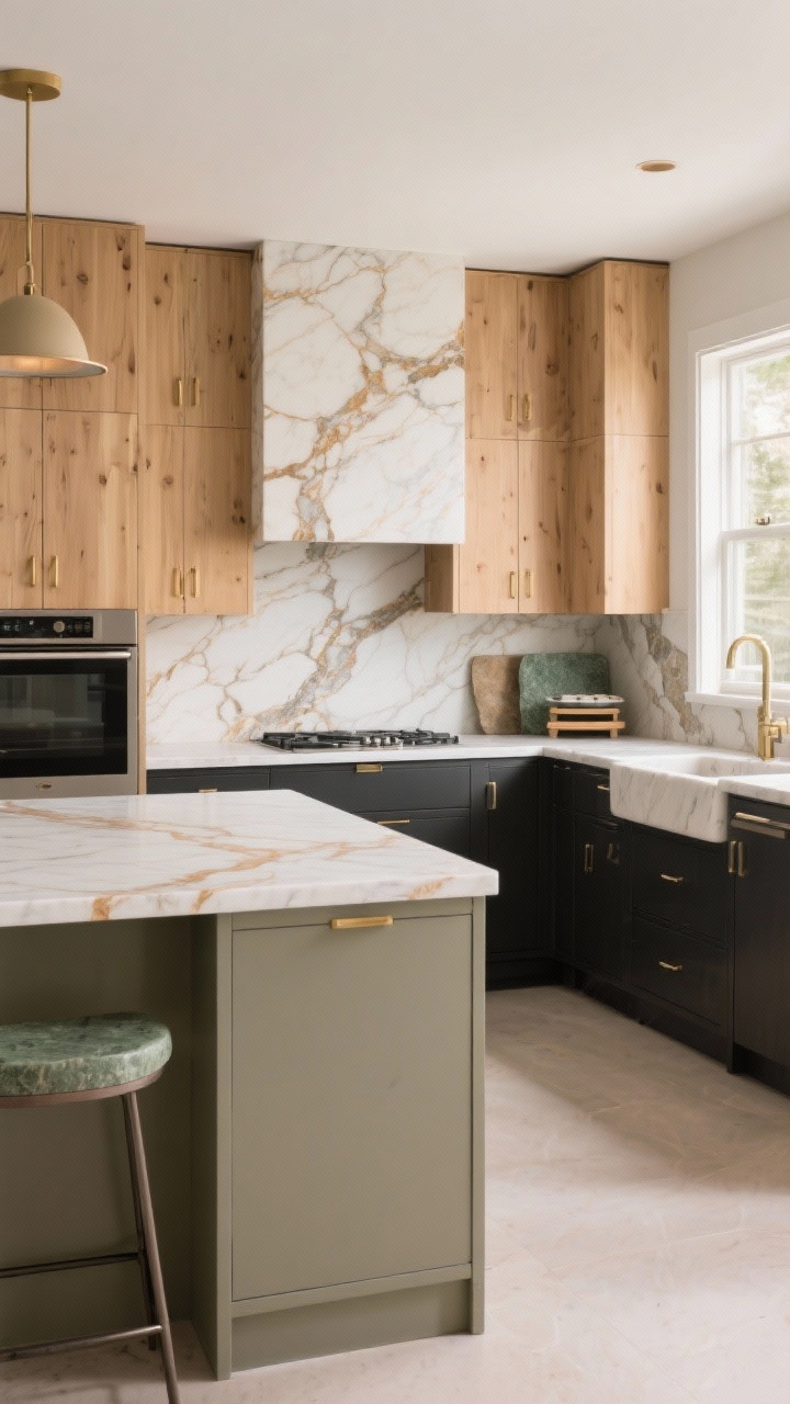 Photorealistic wide shot of a contemporary kitchen highlighting modern color stories: light oak cabinets with brass hardware paired with warm off-white quartz countertops with tan veining on the island, greige perimeter tops against a stone backsplash, and a moody soft-black honed counter on a side console; include a muted earthy green soapstone slab on a small baking station; restrained palette overall so a dramatic-vein marble-look quartz slab backsplash becomes the focal point; balanced contrast with dark base cabinets and lighter counters on one side; soft morning light