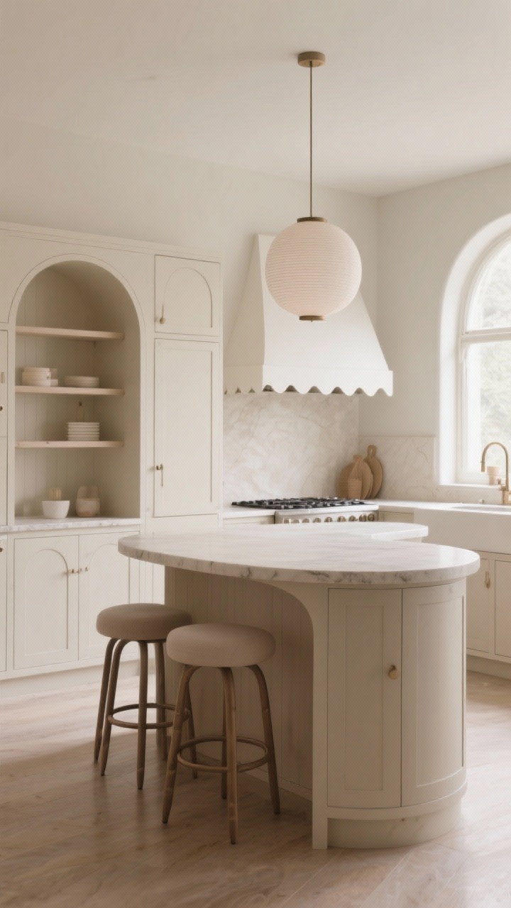 Photorealistic wide shot of a kitchen showcasing soft organic shapes: a rounded island with a generous radius corner, arched cabinet fronts on a pantry or wall unit, a softly scalloped edge detail on open shelving, and globe pendant lighting or a dome flush mount above; include curved-back counter stools at the island for comfort, neutral cabinetry, and gentle, diffused daylight for a luxe, softened atmosphere. Angle: corner perspective capturing the island curve and the arched niche over the range.