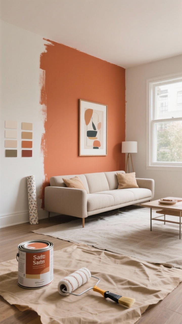 Photorealistic wide shot of a living room featuring a freshly painted accent wall: in a north-facing setup, the accent wall is warm terracotta framing a modern sofa and artwork, with other walls neutral off-white. Show paint swatches tested on three walls, a quality angled brush and a 3/8" roller on a drop cloth, and paint cans labeled satin for the accent wall and eggshell for adjacent areas. Morning natural light filters coolly from a window, emphasizing the warmth of the terracotta. Include a subtle nod to removable paintable wallpaper roll nearby for the commitment-phobic option. Straight-on perspective, cozy, intentional mood.