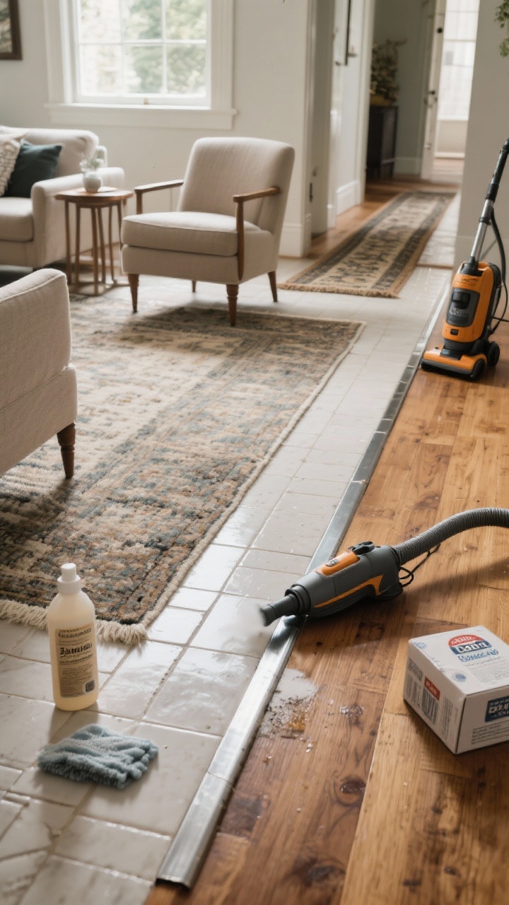 Photorealistic wide shot of a living room floor refresh: a generously sized rug placed so the front legs of sofa and chairs rest on it (bigger is better), a thick rug pad peeking slightly at an edge to imply plush comfort, and a clean metal floor transition strip where hardwood meets tile. Include a vintage runner in a high-traffic path leading to a hallway. Show cleaning tools nearby: a steam cleaner on tile grout and a neutral wood floor polish bottle on a side table, with a vacuum and box of baking soda tucked to the side. Daytime natural light, low camera angle emphasizing the floor and textures.
