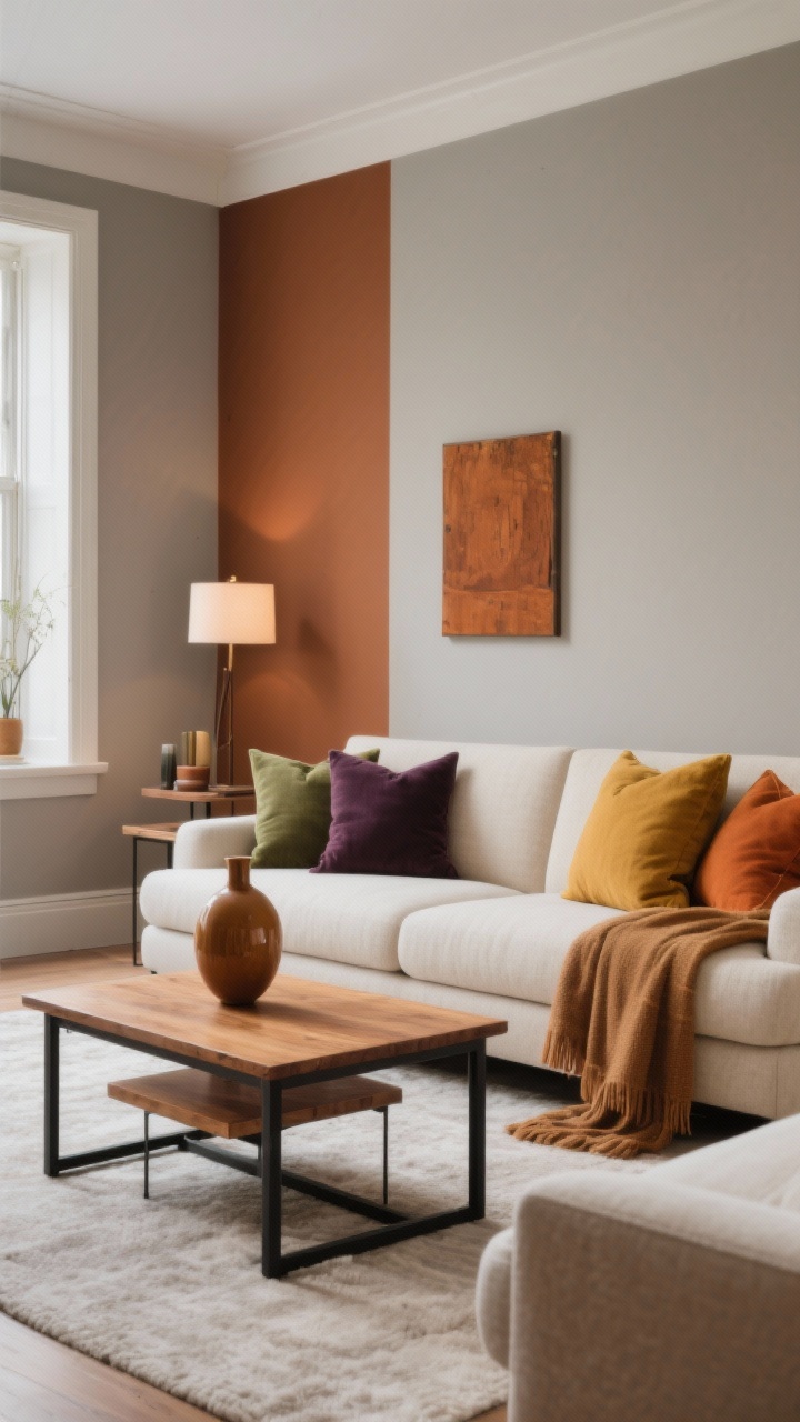 Photorealistic wide shot of a living room styled with warm-leaning neutrals: cream and taupe upholstery, greige walls with warm undertones, natural wood coffee table and wooden frames replacing black metal; saturated accents in terracotta, olive, mustard, aubergine, and ochre via pillows, a vase, and a throw; a single clay/cocoa painted accent wall creating a cocoon effect; artwork with warmer mats; balanced lighting that softens cool daylight; snug winter ambiance, no people