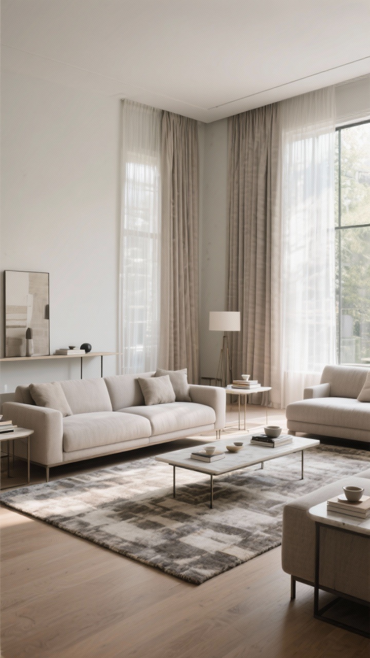 Photorealistic wide shot of a living room with improved flow: main sofa oriented to catch side natural light without glare, furniture floated off the walls to create zones; a large rug anchoring the seating area with a slim console defining the back of the sofa; side tables at every seat for tea and books; clear 30–36 inch pathways between pieces; double-layered drapery with sheers drawn for daylight privacy and thicker panels stacked at the sides; calm, balanced layout, no people