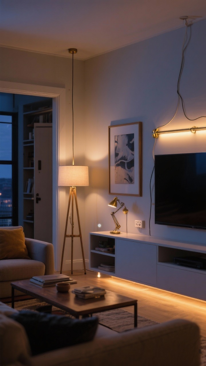 Photorealistic wide shot of a living room with layered lighting: ambient via a tall floor lamp and a plug-in pendant, task via an articulated desk lamp at a side table and under-cabinet LED strip in a nearby shelving unit, and accent via a brass picture light over framed art and LED strip glow behind the TV. Show paintable cord channels blending into the wall for the plug-in sconces, and smart bulbs set to a warm dimmed evening scene. Include a small motion-activated puck light visible inside a closet ajar. Cozy, curated, nighttime mood with varied light pools, straight-on view.