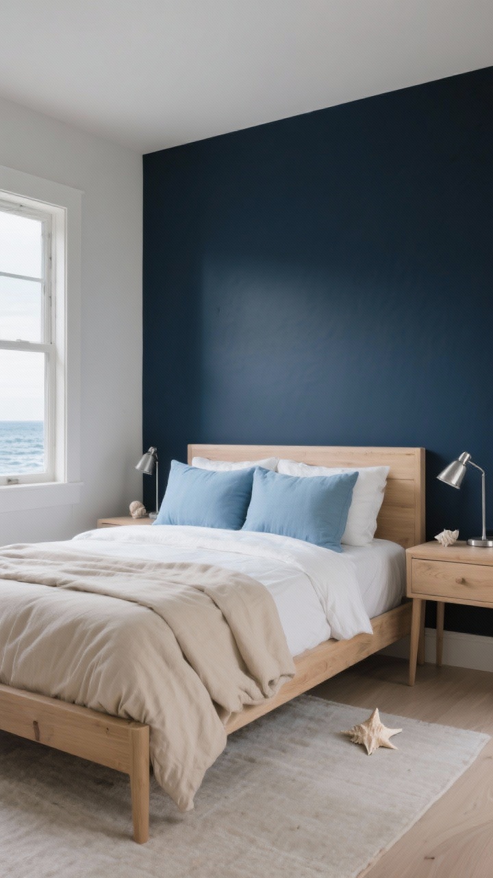 Photorealistic wide shot of a moody-meets-airy bedroom: a deep navy accent wall behind the bed in eggshell/matte finish, oat-colored bedding layered on the bed, soft sky blue pillows adding a light touch; light wood elements like an oak or ash bed frame and side tables to lift the palette; brushed nickel metal accents on lamps; balanced natural daylight from a window to avoid “cave” feel; straight-on view, serene with subtle coastal nod, no seashells, no people.
