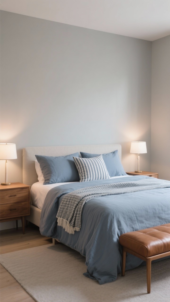 Photorealistic wide shot of a serene bedroom with greige-painted walls, a dusty blue duvet and matching pillow shams on a simple bed, subtle patterns like thin stripes on an accent pillow and tone-on-tone micro-checks on a throw, warm wood nightstands and a caramel leather bench at the foot of the bed; lit with soft white bulbs (2700K–3000K) in bedside lamps to keep the atmosphere cozy at night; straight-on composition, cloudlike palette, no people.