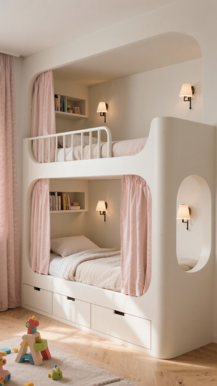Photorealistic wide shot of a stylish kids’ bedroom featuring sleek built-in bunk beds in warm white with rounded edges and sturdy guardrails, a twin-over-full configuration. Include wall-mounted sconces at each bunk, clip-on reading lights, privacy curtains in soft linen blush, and small recessed shelves for books and treasures. Add deep drawers under the lower bunk for storage. Natural morning light, matte walls, light oak floors, cozy neutral bedding with subtle texture; camera at a corner angle showing extra freed floor space for a small play zone.