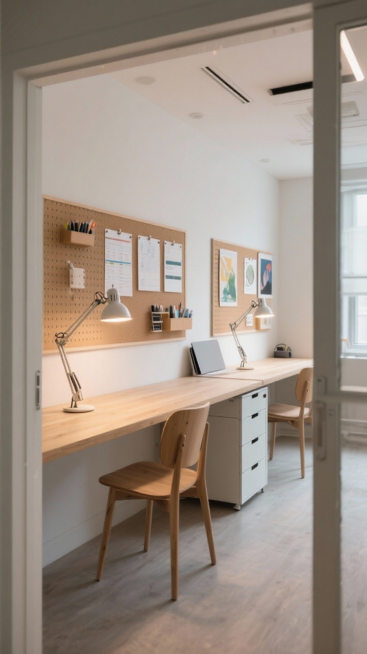 Photorealistic wide shot of a wall-to-wall workstation for two: a long light-wood countertop with two leg spaces and matching chairs, separate dimmable task lamps at each seat, and pegboards/cork boards above each station holding schedules and art. A drawer tower between seats buffers noise and stores supplies; add small organizers on top. Include a fold-down desk panel at one end in the closed position for small-room flexibility. Clean, organized vibe with balanced artificial task lighting and soft ambient daylight; shot from the doorway.