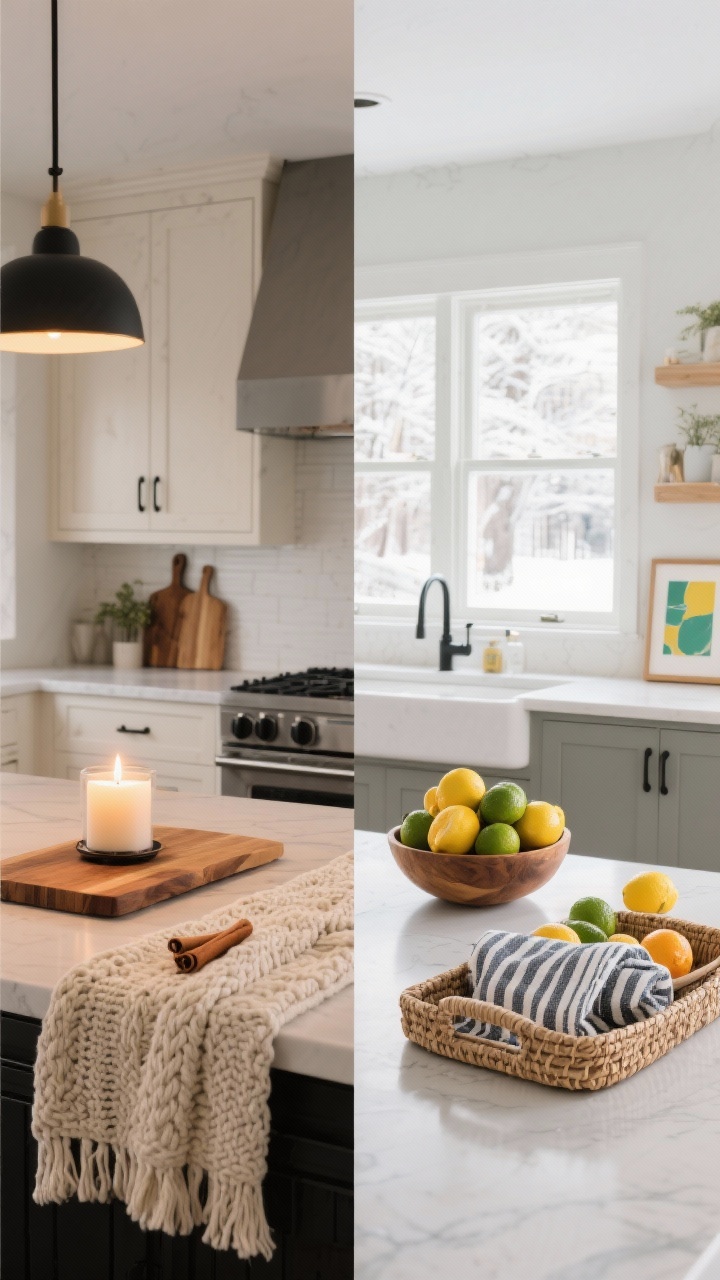 Photorealistic wide shot of the same modern kitchen shown in two seasonal moods split down the middle: left side winter with warm, cozy ambiance—cinnamon candle glowing, chunky knit table runner on the island, matte black accents on hardware, warm wood cutting boards; right side summer with light, airy ambiance—open windows with bright daylight, citrus bowl overflowing with lemons and limes, woven textures in a tray, striped dish towels, bright art print. Neutral cabinetry, clean counters, no people, natural light contrasting with warmer winter lighting.
