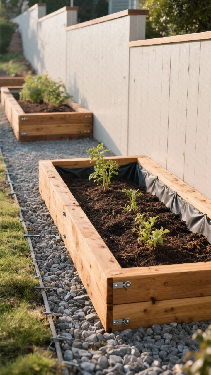 Photorealistic wide shot of wood sleepers forming raised edge beds along a sloped fence line: rot-resistant cedar sleepers set on compacted gravel, secured with visible rebar pins/sleeper brackets, interior lined with heavy-duty landscape fabric. Beds filled with a rich 60/40 topsoil-compost blend, freshly mulched after planting. Include a clean 2x6 cap board creating a perch along the top. Neutral afternoon light to highlight the warm cedar tone, structure, and tidy containment.