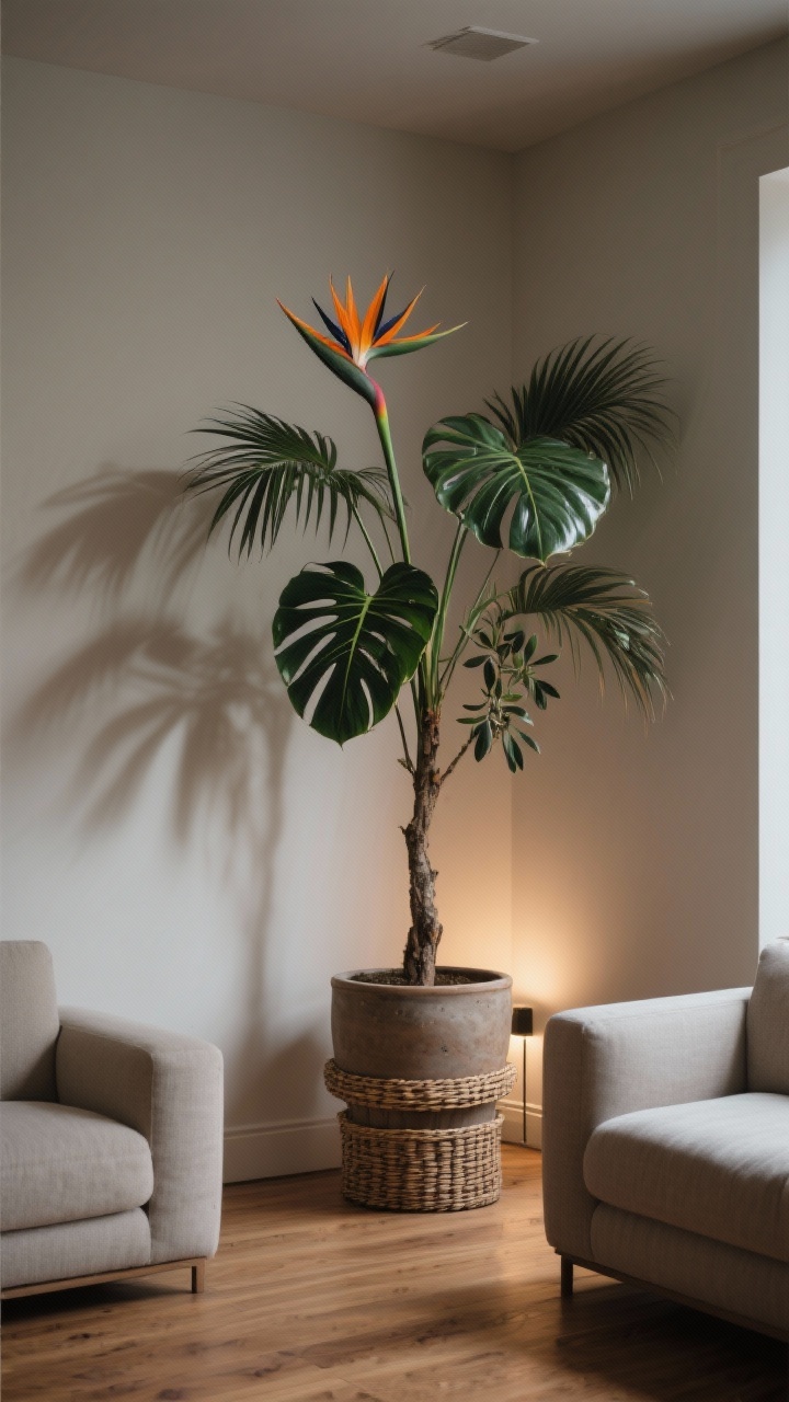 Photorealistic wide statement corner in a living room: a single bold anchor plant as living sculpture—choose a bird of paradise or giant monstera for tropical drama, or an upright dracaena/areca palm for sleek height; alternatively, an olive tree or rubber plant for Mediterranean, textural refinement. Plant sits in a layered planter setup: nursery pot inside a woven basket or ceramic cover pot. A discreet floor uplight behind the plant casts moody evening shadows on the wall. Neutral walls, warm wood floor, sophisticated ambiance; corner angle highlighting scale and silhouette.