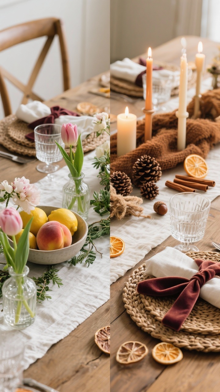 Split-scene closeup montage of seasonal switch-ups on the same table: Spring/Summer quadrant shows a white/flax runner, airy linen napkins, clear glassware, bud vases with tulips/peonies/greenery, and a bowl of lemons/peaches as a fresh centerpiece; Fall/Winter quadrant shows cozy textures with woven chargers, velvet ribbon-tied napkins, deeper hues, nature accents (pinecones, acorns, cinnamon sticks, dried orange slices), and increased candle count in varied heights; warm, inviting light, minimal props, no people, photorealistic.