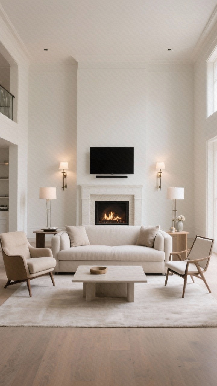 Straight-on medium shot: A symmetrical living room with the sofa centered on the focal point (fireplace/TV), matching lamps or sconces flanking it for balanced calm. Add a twist: one upholstered lounge chair on the left and one open-frame chair on the right for lightness. Keep a low-profile coffee table in the center to preserve sightlines. Subtle, refined styling with neutral colors, thin frames, and uncluttered surfaces; soft, even ambient lighting.