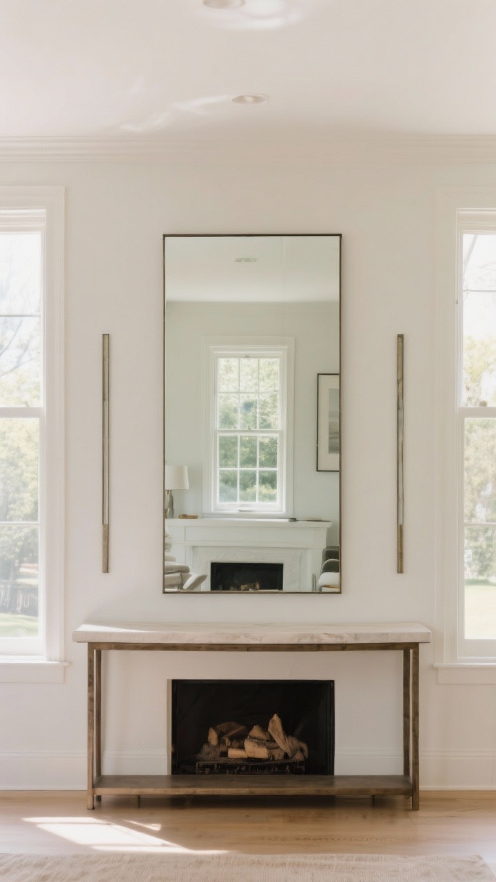Straight-on medium shot: Mirror strategy for space. A large, simple, thin-framed mirror hangs opposite a window, doubling the daylight and view for an “instant second window.” Behind a console, another large, clean-lined mirror adds depth without competing for attention. Slim vertical mirrors flank a fireplace to visually lift the ceiling. Frames are thin and architectural; consider a lightly antiqued finish for warmth and reduced glare. Bright natural light emphasized.