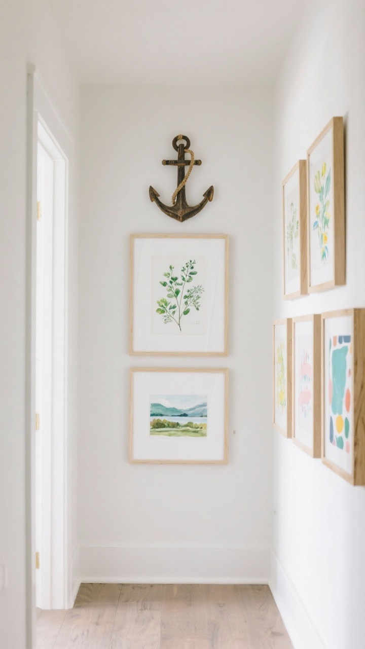 Straight-on medium shot of a refreshed gallery wall: hallway scene with a balanced arrangement featuring one large anchor piece and several smaller prints—botanical prints, watercolor landscapes, and playful abstracts—unified by white/off-white mats; light wood and white frames with a touch of brass; a single spring color echoed across 3–4 pieces; bright, even lighting for airy cohesion.