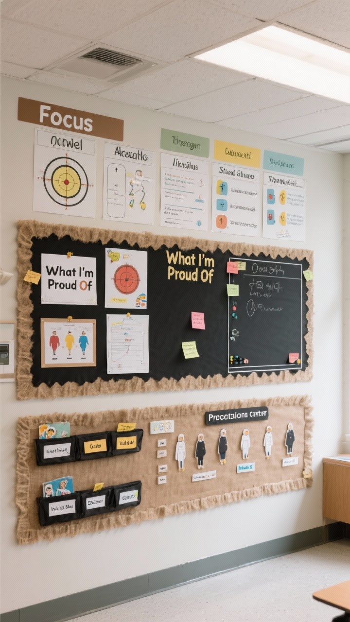Straight-on medium shot of a wall with functional bulletin boards: a Focus Wall featuring weekly targets, vocabulary, and anchor charts; a Student Showcase area with rotating work each with a “What I’m Proud Of” sticky note beneath; an Interactive Board with Velcro-backed word cards and dry-erase sleeves; and a Procedures Central with visual steps for lining up, turning in work, and tech rules. Keep borders simple and backgrounds neutral—black kraft paper and burlap—so the content stands out. Even classroom lighting, clean and current, photorealistic.