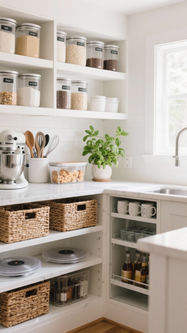 Straight-on medium shot of beautifully organized kitchen storage: clear-labeled decanted staples (flour, rice, coffee) in matte canisters, designated zones—baking tools grouped near the mixer, a snack bin area, and a beverage zone by the mugs; woven baskets in lower shelves, acrylic turntables in a visible pantry or fridge section; near the sink, a small bouquet or herb pot (basil) as the final calming touch; bright, clean daylight for an orderly, serene mood.