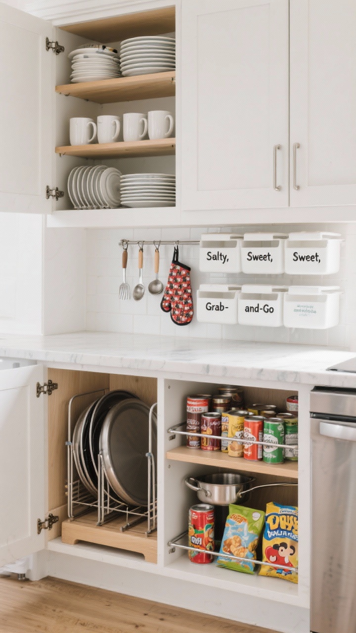 Straight-on medium shot of open kitchen cabinetry demonstrating smarter storage: riser shelves neatly stacking plates and mugs up to full cabinet height; inside-door command hooks holding measuring spoons, oven mitts, and pot lids; pantry section with stackable bins labeled “Salty,” “Sweet,” and “Grab-and-Go”; a deep base cabinet pulled out on organizers showing clearly accessible pots and cans on a lazy Susan; sheet pans stored upright in a vertical file rack and lids corralled between tension rods; a low shelf with kid-friendly snacks; bright, even lighting for clarity.