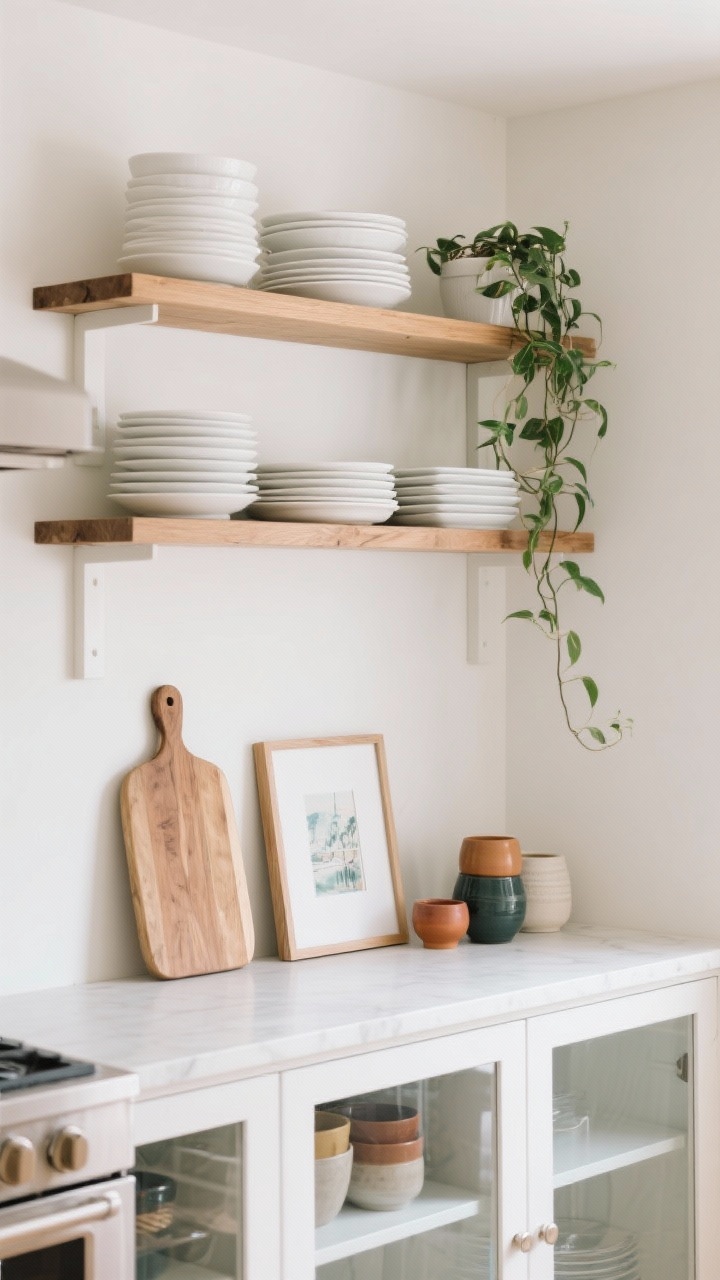 Straight-on medium shot of open kitchen shelves styled with intention: white oak shelves against a light wall, layered stacks of white plates, a leaning wooden cutting board, a small framed print, and a trailing plant for height; groupings in threes—tall, medium, low; cohesive palette of whites and warm wood with a few color-blocked ceramics; include a lower section of glass-front cabinets to suggest less-dusting alternative; soft natural light, crisp detail.
