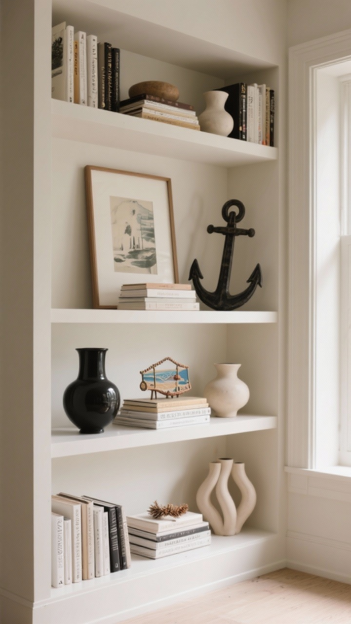 Straight-on medium shot of styled shelves: Built-in bookcases arranged with balance—anchors like a tall matte black vase, framed art, and stacked books; mixed heights and shapes with curvy ceramics beside linear book stacks; items grouped in threes following the rule of thirds; intentional negative space left open. Add a small travel souvenir and a seasonal object for rotation. Soft natural side light, photorealistic.