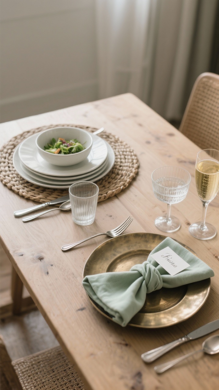 Straight-on medium shot of two contrasting place settings on a natural wood table showing the everyday-to-event system: left setting (everyday) has a woven placemat base, a dinner plate + salad plate + bowl stack in white stoneware, flatware arranged fork left, knife/spoon right, and a single stemless tumbler; right setting (event) adds a metallic charger (brushed brass), a neatly knotted cloth napkin with a tiny handwritten name card tucked in, and two glasses (water goblet + champagne coupe); neutral palette with subtle sage accent, soft ambient light, photorealistic.