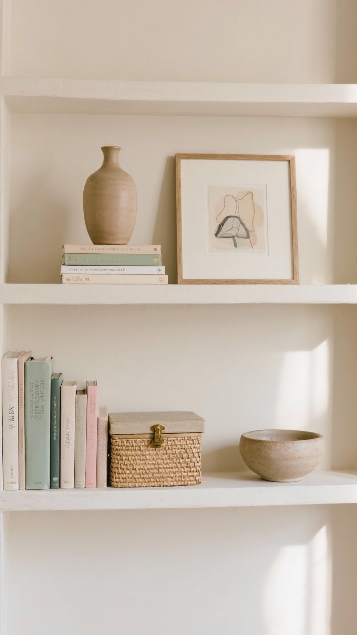 Straight-on medium shot — Two styled shelves done with breathing room: Top shelf features one tall ceramic vase, a short stack of books, and a framed art print leaning behind; Bottom shelf holds a lidded box or woven basket for storage, a low ceramic bowl, and intentional negative space (20–30% empty). Rhythm of tall-next-to-low, mix of vertical standing books, horizontal stacks, and leaners. Palette repeats from accents (sage, blush, antique brass) against mushroom/ecru neutrals. Gentle side lighting for soft shadows.