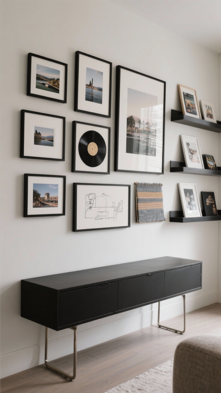 Straight-on medium-wide shot: A gallery wall above a modern console featuring a cohesive mix—mostly black frames with consistent white mats, varied artwork including travel photos, a sketch, a vinyl sleeve, and a small textile. Show one oversized piece, a couple of medium prints, and several small ones for rhythm. Include a snapshot on the console showing the planned layout, and floating shelves at one side with leaning art for easy swapping. Soft even lighting, photorealistic.