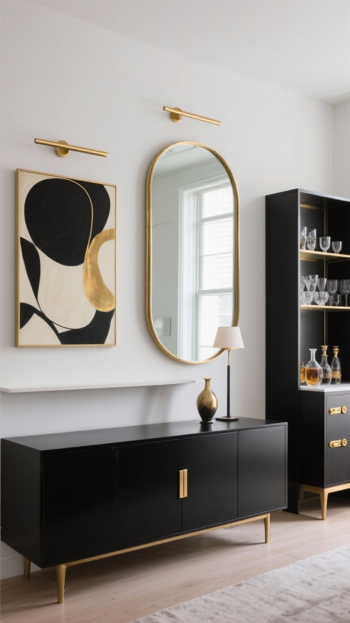 Straight-on medium-wide wall composition: An oversized mirror with a thin brass frame hung opposite a window, reflecting light into the room; adjacent modern abstract art in black, cream, and gold with slim brass picture lights above for gallery energy. Below, a closed media credenza in lacquered black with brass pulls; to the side, a bar cabinet with gold hardware styled with glassware, decanters, and a tiny lamp. Minimal shelf with one statement object to showcase negative space, photorealistic.