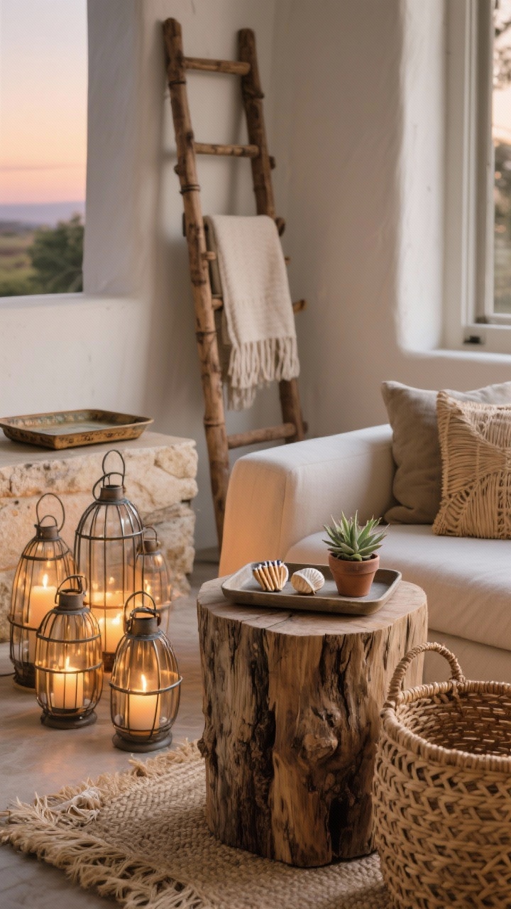 Styled vignette of found objects and natural materials: a stump side table beside a seating area, topped with a low tray corralling a couple of shells, matches, and a tiny potted succulent. Nearby, a cluster of metal and bamboo lanterns with LED candles glows gently. Include layers of wood, rattan, seagrass, and stone—perhaps a woven seagrass basket and a rattan accent. In the background, a vintage wooden ladder serves as a blanket rack and a thrifted tray rests on a side surface. Warm dusk lighting for cozy ambiance, medium closeup, photorealistic, no people.