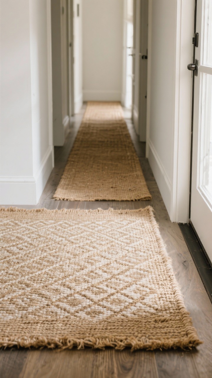 Wide angle entry floor scene focused on rugs: a natural jute base rug layered with a 3x5 washable patterned rug on top (subtle geometric pattern to hide dirt), both anchoring the space; visible rug pad edge hinting at cushioning; durable materials and a runner visible down a hall; soft daylight from the doorway, textures of jute and woven fibers clearly rendered; composition from a low corner perspective to highlight underfoot coziness and floor protection.