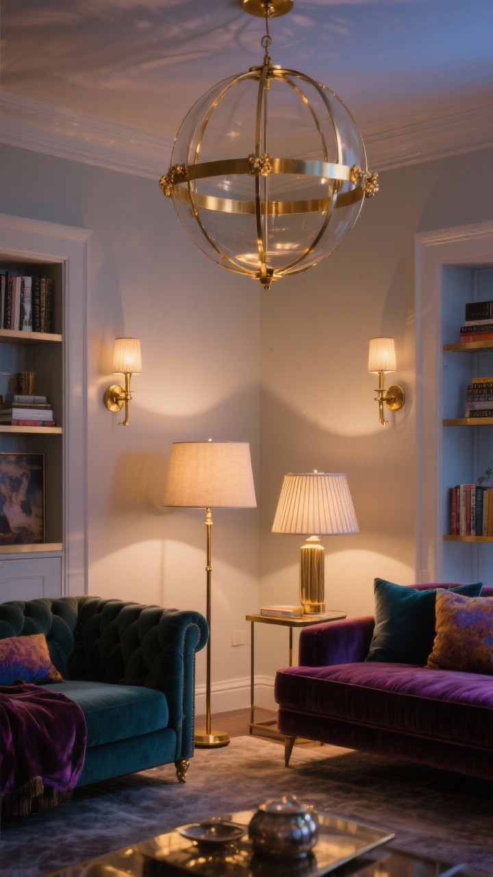 Wide angle, straight-on view: A living room lit in layers at dusk—overhead globe chandelier with brass accents as the star, a slim brass floor lamp by a velvet sofa for task light, and two table lamps with pleated linen shades casting warm ambient glow (2700–3000K). Include pivoting brass sconces flanking a bookshelf or art. Dimmer-level mood lighting that makes metallics gleam; rich jewel-toned accents and soft shadows for a luxe glow-up, photorealistic.