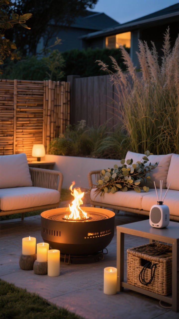 Wide atmospheric backyard scene emphasizing the vibe trifecta: a compact propane fire bowl or tabletop fireplace as the focal warm glow, discreet citronella candles in stylish vessels, a small eucalyptus bundle near the seating, and a minimal essential oil diffuser on a side table. A waterproof Bluetooth speaker sits subtly on a shelf. Cords hidden inside a woven storage box. Along the fence, a bamboo screen and tall grasses add privacy and soften sound. Shot at night with layered warm lighting from fire and candles, straight-on wide shot, photorealistic, no people.
