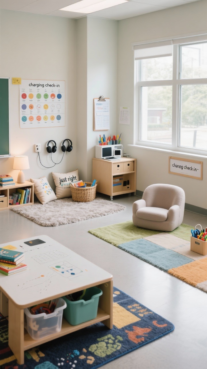 Wide classroom shot from a corner angle showing distinct zones: a reading nook with a low shelf, soft rug, a couple of pillows, a basket of “just right” books and a small lamp; a maker/art table with a wipeable surface, easy-to-grab bins, and a splash mat under it; a tech corner with a cord management box hiding a power strip, neatly labeled device slots, and a clipboard for “charging check-in”; and a calm-down spot with a small soft chair, a visual feelings chart on the wall, noise-canceling headphones, and a labeled caddy of fidget tools. Use different floor textures to signal boundaries—plush rug for reading, foam tiles under art, bare floor for tech and general area. Bright, calm classroom lighting with daylight from windows, no people, photorealistic.