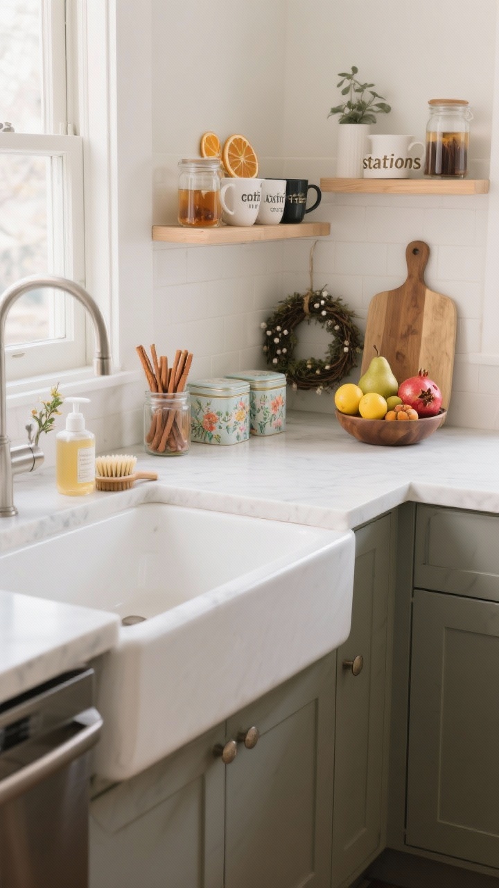 Wide corner angle of a kitchen with three intentional “stations”: a coffee/tea corner with seasonal mugs and jars—cinnamon sticks visible for winter, dried citrus slices for summer, floral tea tins for spring; a sink zone featuring seasonal hand soap, a chic scrub brush, and a tiny stem/mini wreath; and a permanent oversized prep cutting board holding a bowl of seasonal produce (lemons for summer, pears for fall, pomegranates for winter arranged in small groups). Balanced, lived-in styling, uncluttered surfaces, natural daylight.