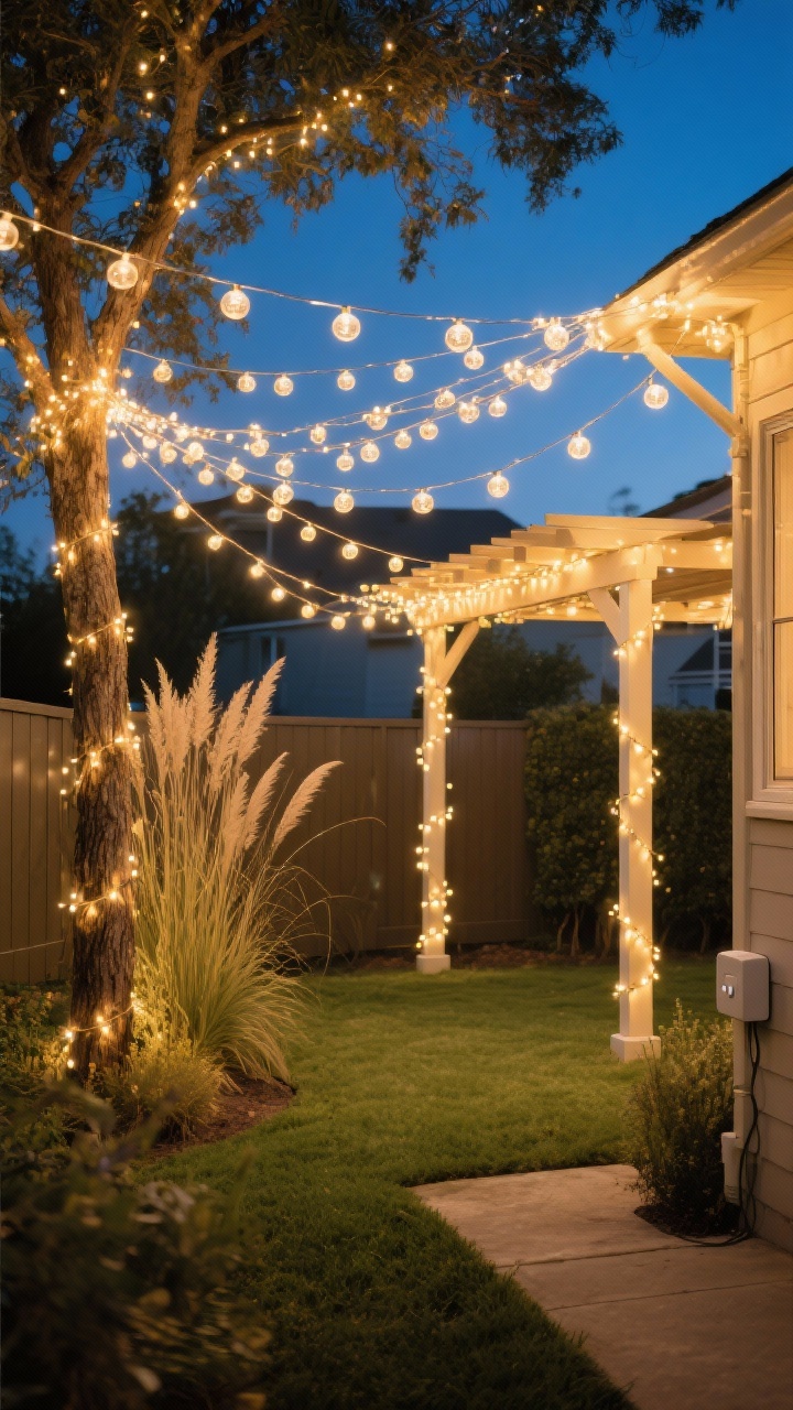 Wide evening backyard scene showcasing draped string lights as the hero: warm white (2700–3000K) shatterproof LED globe strands crisscrossing from the house to a fence and a tree to form a canopy, layered with tiny warm fairy lights for dimension. Micro-lights wrap tree trunks, tall ornamental grasses, and pergola posts for a soft flicker. Include a smart plug tucked near an exterior outlet. No other decor emphasis; focus on the golden glow and the crisscross patterning. Shot at blue hour for maximum ambience, straight-on wide shot, photorealistic, no people.