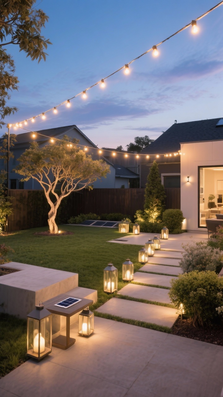 Wide evening shot: Backyard lighting design featuring zig-zagged café string lights overhead for a warm 2700K glow, solar path lights defining a walkway, and uplights grazing a sculptural tree and shrubs. Lantern clusters on steps and a side table create layered ambiance. Ensure warm white color temperature—no cool tones. Photorealistic, dusk sky, gentle shadows, overhead perspective capturing the full lighting scheme.