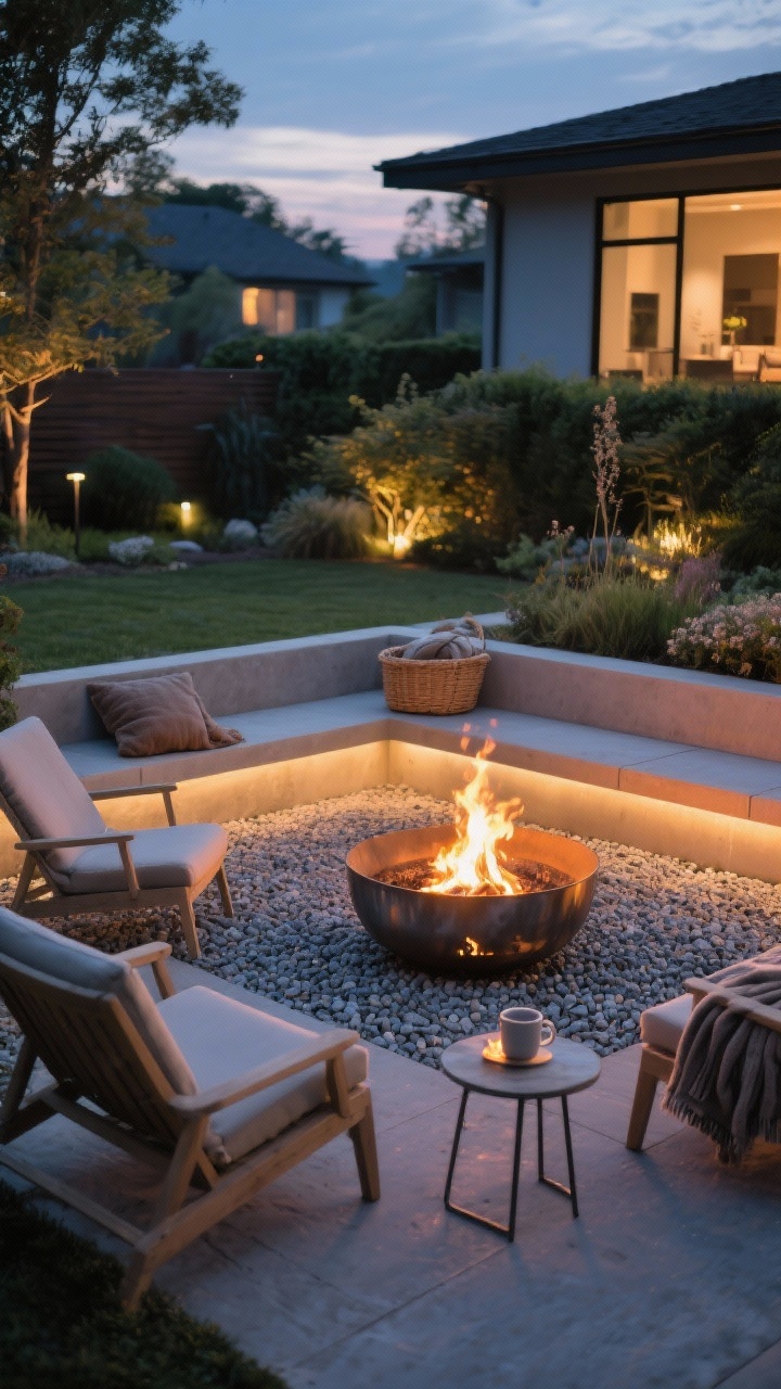 Wide evening shot: Cozy fire feature area on a gravel pad. A steel fire bowl centered on pea gravel, surrounded by low lounge chairs and a simple built-in bench. A basket of throws and a compact side table for mugs enhance comfort. Optional view of a small tabletop gel-fuel fire bowl on the bench for a compact touch. Warm firelight mixed with soft ambient garden lighting; photorealistic; straight-on composition.