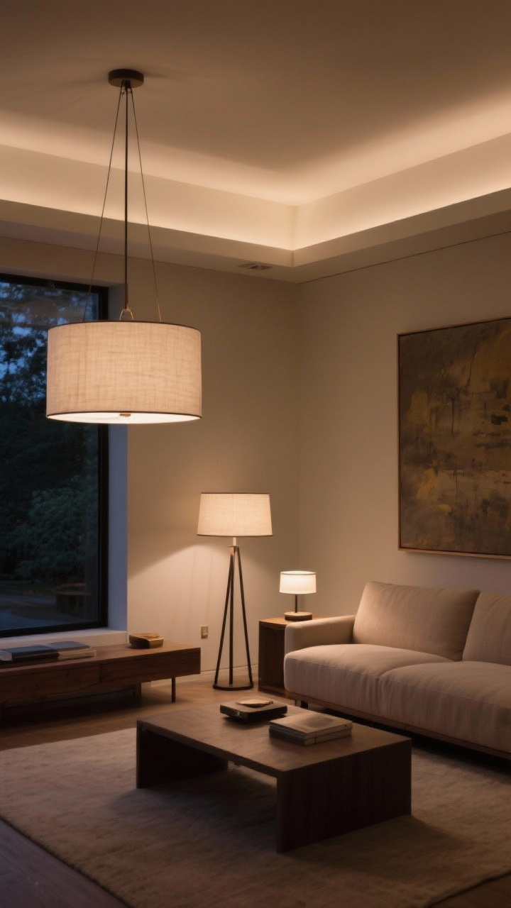 Wide evening shot lit like a zen retreat with layered lighting: a simple pendant with a fabric shade for ambient light, a slim floor lamp by the sofa for task lighting, and a petite table lamp on a console or a picture light over the large artwork for accent. Use warm 2700–3000K bulbs with dim, cozy glow; avoid harsh overhead glare. Neutral room with soft shadows, inviting and restful mood.
