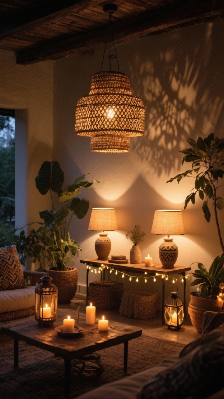 Wide evening shot of layered, moody boho lighting: a rattan statement pendant casting patterned shadows overhead, two warm table lamps with ceramic bases and linen shades on side tables, and accent lighting from lanterns and string lights; candles flicker on a low table; a lamp placed near plants to cast dreamy leaf shadows on the wall; color temperature set to warm white (2700K–3000K); earthy decor palette visible but subdued under the golden glow, photorealistic and cozy.