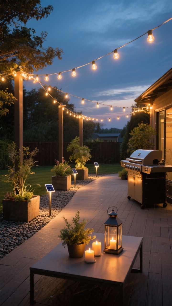 Wide evening shot showcasing layered outdoor lighting for a cozy glow: warm 2700K string lights zigzag overhead using posts set in planters; solar stake lights line a short path and the grill area for task lighting; accent lighting from lanterns and LED candles on a low table, plus two subtle solar uplights aimed at plants for drama. Background surfaces include gravel and deck tiles. The overall mood is moody and magical, no harsh blue light. Photorealistic, dusk sky, slight vignette of warm ambiance, straight-on perspective capturing whole space.