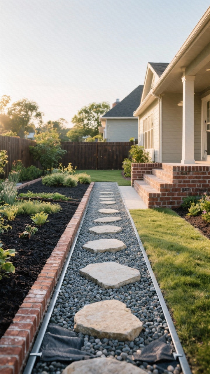Wide garden path view: A crisp backyard walkway upgrade. A pea gravel path laid over landscape fabric with metal edging, punctuated by large stepping stones placed where feet naturally land. Adjacent garden beds have a freshly trenched edge and dark mulch for contrast. Along one bed, a classic brick soldier course creates a clean border, echoing brick steps on the nearby house for cohesion. Late afternoon light emphasizing edges and textures; photorealistic.