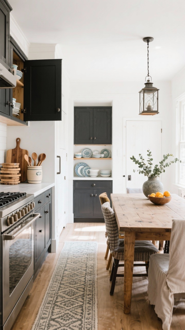 Wide kitchen and dining scene emphasizing approachable farmhouse charm without demo: matte black cabinet pulls and bin cups, a stack of wood cutting boards and a ceramic crock filled with wooden spoons near the range, a narrow runner rug with a vintage pattern along the galley; one cabinet with doors removed to create a mini open-shelf moment displaying pretty dishes; adjacent dining area with a solid wood table, mismatched/slipcovered chairs, a lantern pendant centered above, and a simple everyday centerpiece (stone vase with eucalyptus or bowl of citrus); bright natural light, photorealistic, no people.