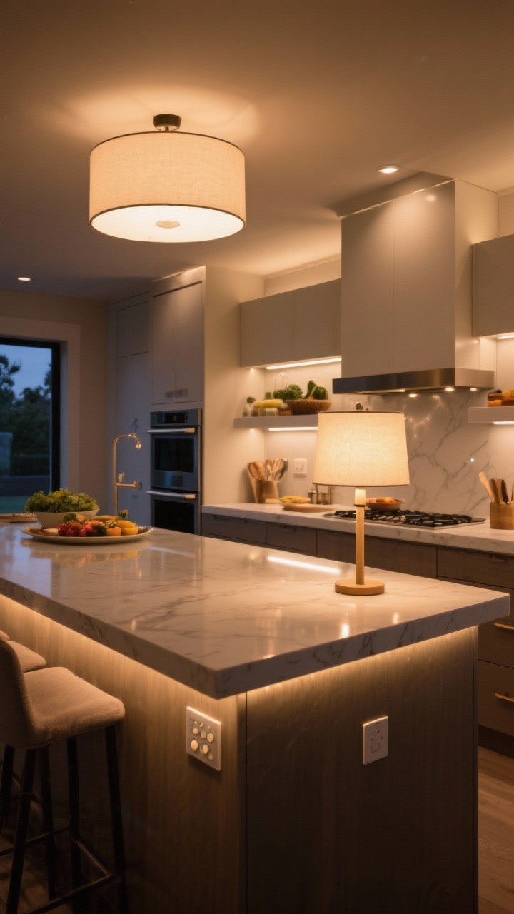 Wide kitchen view showcasing layered lighting with a designer feel: warm ambient light from a semi-flush ceiling fixture, crisp task lighting from under-cabinet LED strips illuminating the counters, and a petite table lamp on the counter creating cozy accent glow; bulbs set to 2700–3000K with high CRI (90+) for vibrant food tones; include visible dimmer controls; reflective but not harsh surfaces, soft shadowing, and an overall inviting evening mood that feels like an “after” photo.