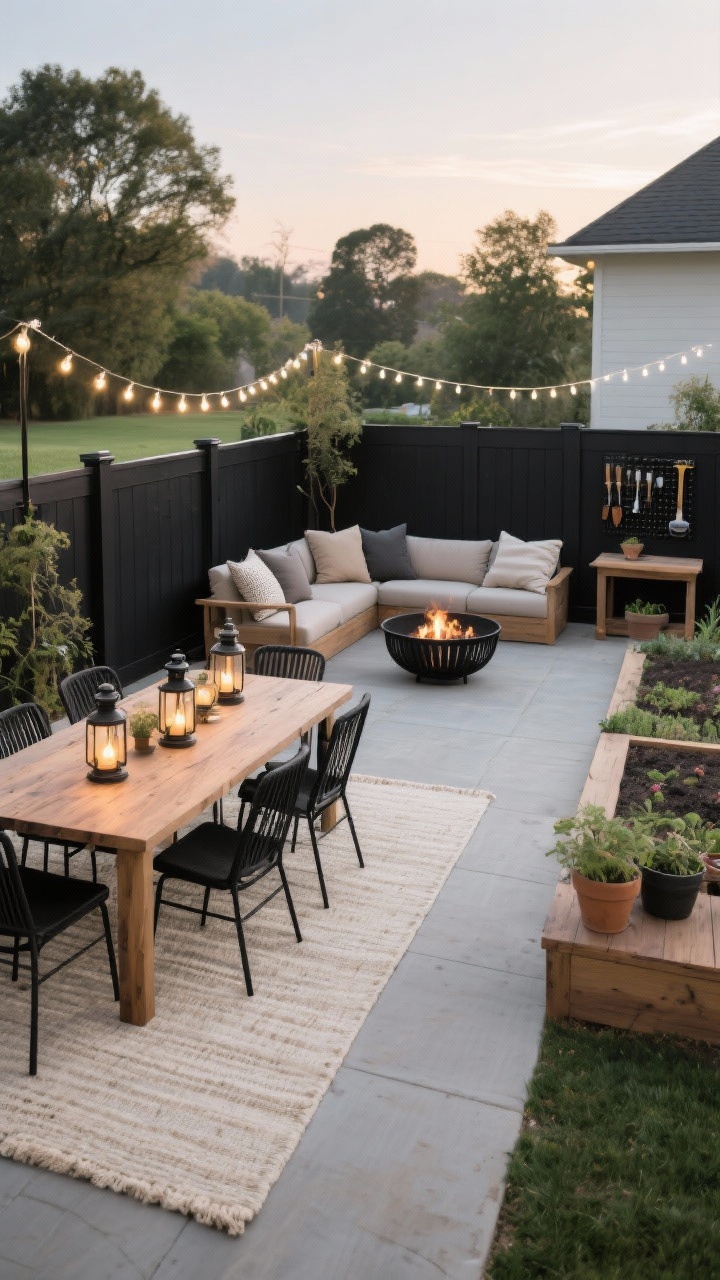Wide outdoor shot: A backyard divided into three clearly defined zones. Left: a dining zone on a polypropylene outdoor rug in neutral cream, with a sturdy natural wood table and black metal chairs, a cluster of lanterns on the table, and warm white string lights overhead framing the area. Center-right: a lounge zone with low seating arranged around a modern black metal fire pit, weatherproof pillows in mixed neutrals adding comfort. Far right: a garden/work zone featuring a compact potting bench and a vertical tool rack mounted on a fence, all repeating black metal and natural wood accents for cohesion. Early evening light, no people, photorealistic.