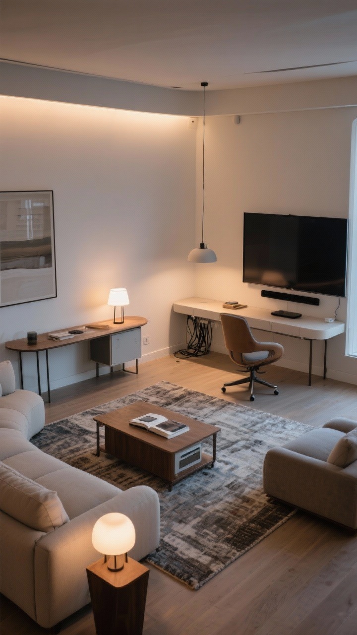 Wide overhead angle: Smart multifunction layout with micro-zones—float a curved sofa off the wall to define a conversation area on its own rug; a console table behind the sofa doubles as a slim desk with hidden cords in a cable box; include a swivel chair positioned to face either the TV or seating; each zone anchored by its own rug or distinct light source—a floor lamp for a reading nook and a pendant for the main area; clean, lived-in, not office-like; warm evening lighting layers, photorealistic.