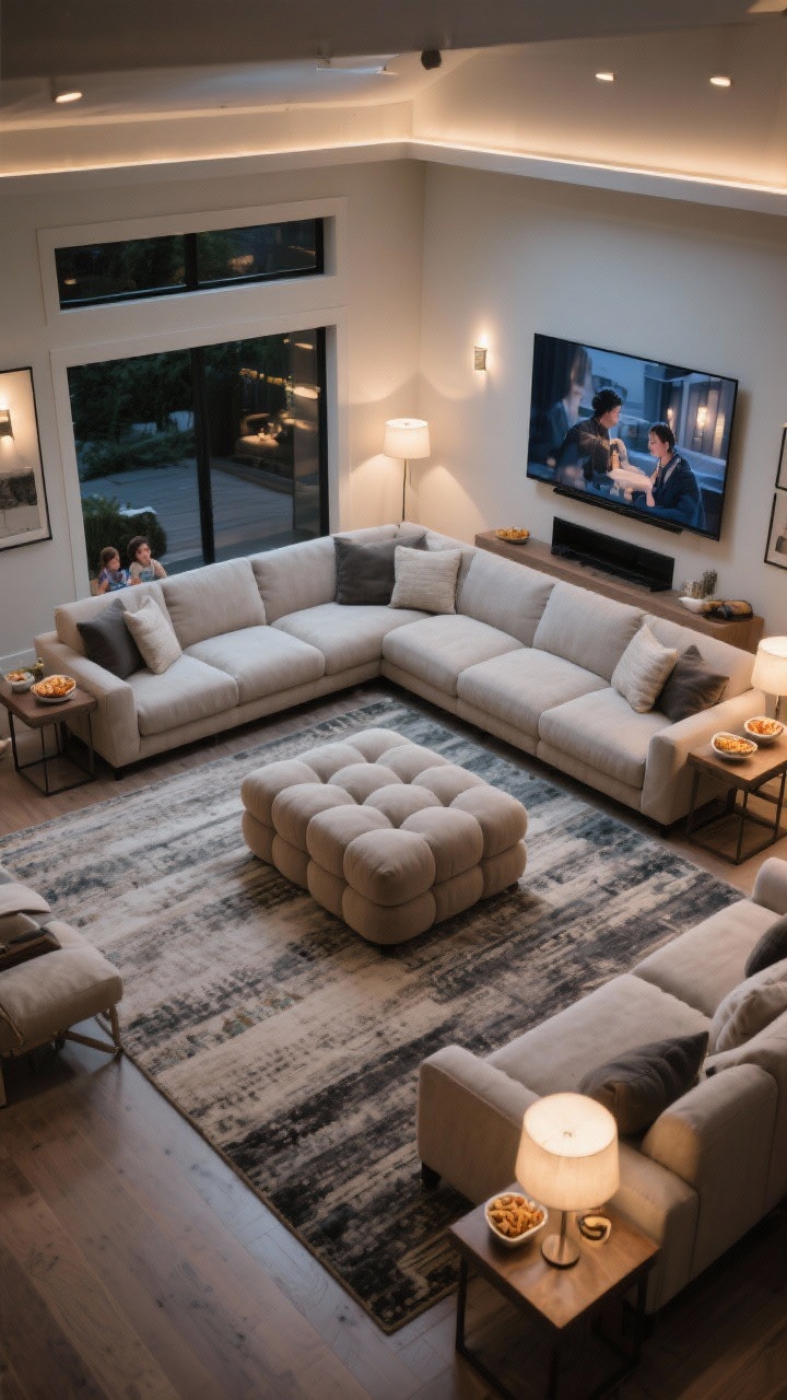 Wide overhead/angled shot: A layout that matches lifestyle—“family-first” arrangement with a large L-shaped sectional aimed toward a TV, a big upholstered ottoman in the center, and side tables at every seat for snacks. The sofa floats slightly off the wall to feel designer; clear traffic flow, layered rug under the ottoman. Evening ambient lighting from multiple sources, no people, photorealistic.